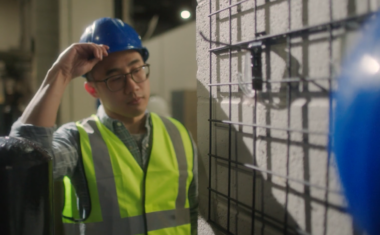 person putting on hard hat
